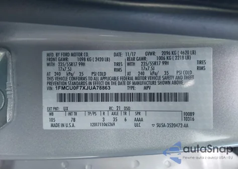 2018 Ford Escape S z USA, uszkodzony, nr VIN 1FMCU0F7XJUA78863